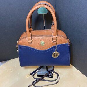 Anne Klein Navy & Cognac Pebbled Satchel with Crossbody Strap
